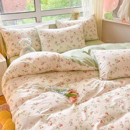 Covebett Juego de ropa de cama 135x200 Blanco Verde Flores Hojas Plantas Diseño Funda nórdica Diseño floral Aesthetic Suave Microfibra Renforcé Ropa de cama reversible Set 2 piezas con cremallera y
