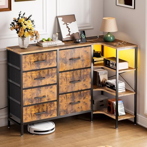 Coleshome Corner Chest of Drawers Bedroom, Storage Dresser with 7 Fabric Drawers - 2 USB and 2 AC Outlets and LED, With 3-Tier Storage Table, Suitable for Bedroom Corners, Vintage Colors