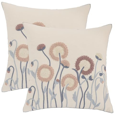 Tosleo Pack of 2 Throw Pillow Covers Flowers Embroidered Dandelion Cushion Covers 18 x 18 in Garden Cotton Pillowcases Spring Summer Modern for Sofa Bedroom Car Farmhouse Outdoor Decoration