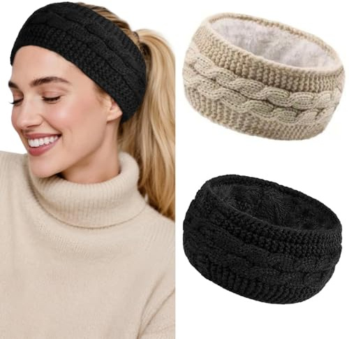 Huachi Winter Headbands for Women Ear Warmers, Thick Warm Headbands Winter Accessories, Cold Weather Headband for Women's Hair Fleece Lined Head Wrap