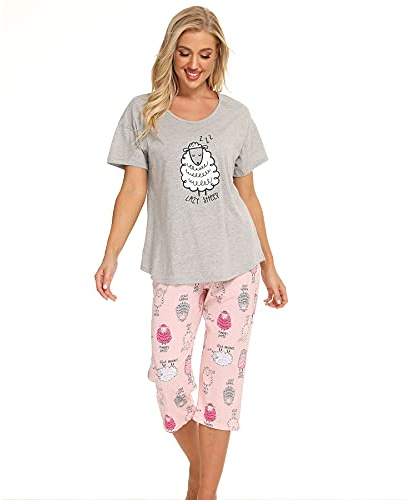 Misscoo Dam pyjamasset ärmlös myskläder capribyxor för kvinnor damer flickor studenter bomull vår sommar pyjamas set nattkläder nattkläder nattlinne, nr 4, L