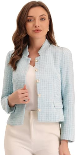 Allegra K Women's Plaid Tweed Blazer Long Sleeve Button Down Work Office Short Jacket Large Light Blue