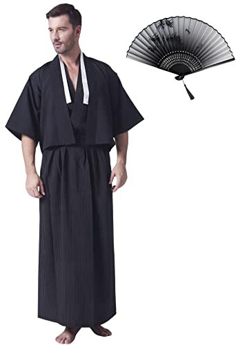 KRUIHAN Japanese Kimono Men Yukata Kimono Robe Japanese Traditional Samurai Uniform Cosplay Costume Japanese Style Clothing Haori Jacket Top Hakama Skirt Set,One Size,Black