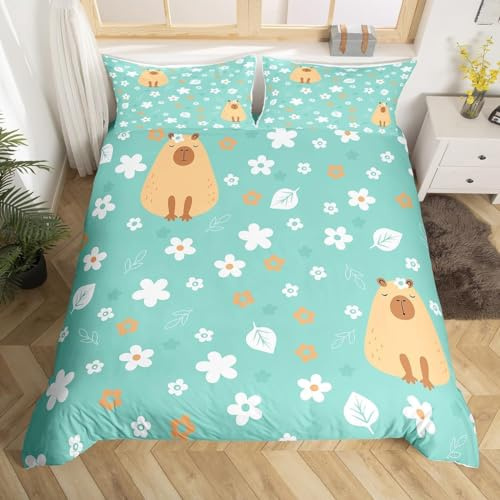 Kids Cartoon Bedding Set Double Size,Cute Capybara Duvet Cover for Teens Boys Girls,Kawaii Beaver Mallard Duck Comforter Cover Funny Wild Animals Quilt Cover 3Pcs,Rustic Nature Scenery Room Decor