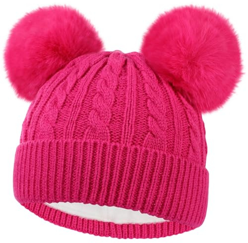 BAOPLAYKIDS Kids Winter Beanie Hat Warm Fleece Lined Knitted Ski Cap with Double Pom Pom for Boys Girls Ages 7-12 Hot Pink