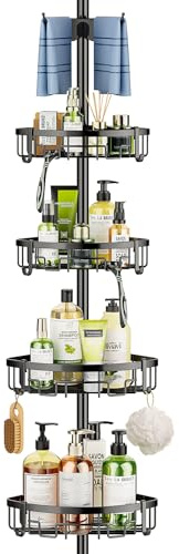 Bomclap Teleskop Duschregal, Metall Eckregal mit 4 Körben und 1 Handtuchhalter, Duschablage ohne Bohren für Bad und Badewanne, Höhenverstellbar 157-292 cm, Schwarz