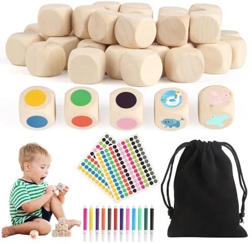 40 dadi in legno, fai da te, cubi in legno non dipinti, 20 x 20 x 20 mm, dadi vuoti per pittura, timbri di montaggio, giochi da tavolo, creazione di oggetti di gioco (con penne colorate, adesivi)
