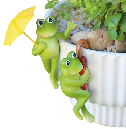 Sculpture de grenouille extérieur, statues de grenouille pour jardin, Ensemble de 2 sculptures de grenouille en résine avec parapluie, Accessoires de pot de fleurs, ornements d'animaux, figures d'amén