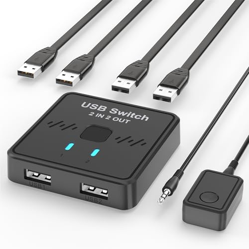 USB-omkopplare 2-i-2-ut för att dela tangentbord och mus mellan två datorer, allt-i-ett-maskin, skrivare, USB-omkopplare med 2 USB-kablar och extern styrenhet