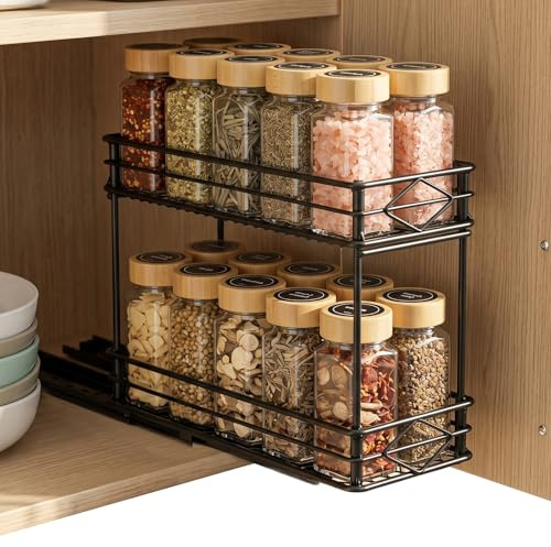 VINATO Especieros Para Cocina, Organizador Deslizante de Especias de 2 Niveles, Estante para Especias con Guías, Organizador de Especias Cocina para Armario (26x11x22,3 cm)