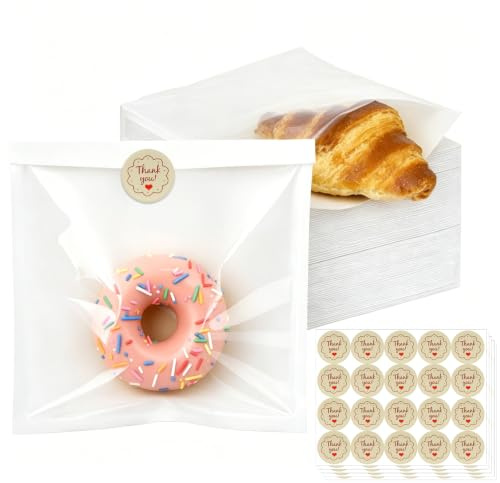 HECHKJ 100 Piezas Bolso Papel Kraft con Ventana, 18 x 19 cm Bolsas Panadería Kraft Blanco, Resistente Aceite Bolso para Galletas, Bolsas Para Chuches con 100 Pegatinas, para Pan, Galletas, Caramelos