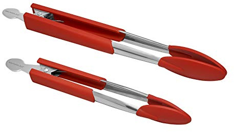 Rachael Ray Lil' Huggers Dishwasher Safe Lazy Locking Cooking Tongs / Salad Serving Tools / Multi Purpose - 2 Piece, Red
