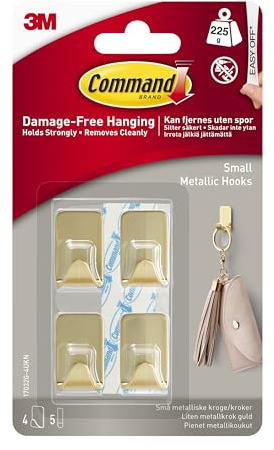 Command Small Metallic Hooks Brass Color, 4 Hooks and 5 Strips, Damage-Free Wall Hook with Adhesive Strips, No Tools Great for Hanging Home Decor, Holds up to 0.5 lb