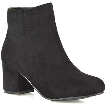 ESSEX GLAM Womens Ankle Boots Block Low Heel Ladies Zip Casual Formal Booties Shoes Size Black Faux Suede