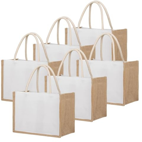 TOPTIE 6 Pezzi Borse Tote in Tela di Cotone con Lati Juta, Borsa juta Regalo Riutilizzabile per la Spesa, Borse di tela di iuta
