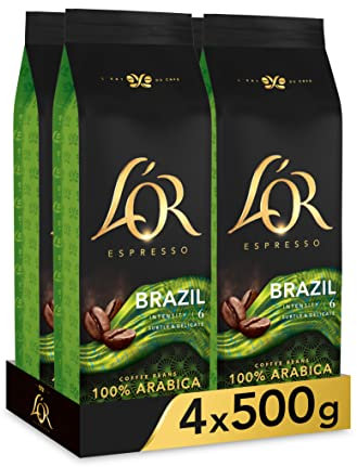 L'OR Espresso Brazil Café en Grano Natural 100% Arábica - Intensidad 6 | 4x500g