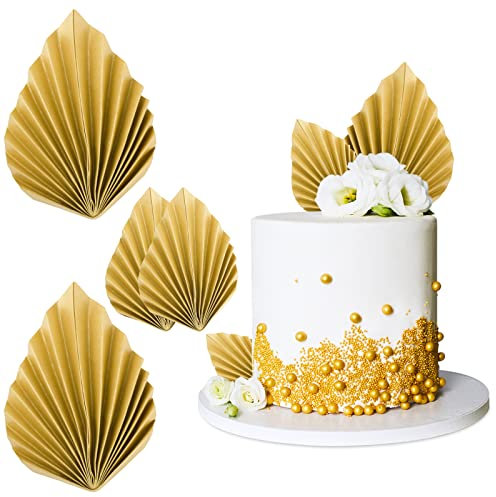 4pcs Décoration de Gâteau Joyeux Anniversaire Forme Feuille de Palmier Or en Papier Gâteau Topper Personnalisée en Éventail Décoration de Table pour Mariage Anniversaire Fête