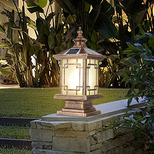 PTOUG LED Solar Post Light Outdoor, Aluminum Fence Post Cap Lamp Remote Control Dimmable Pillar Lights Solar IP65 Waterproof Column Light, 15.7 X 7.3 Pillar Pedestal Lantern for Garden Yard