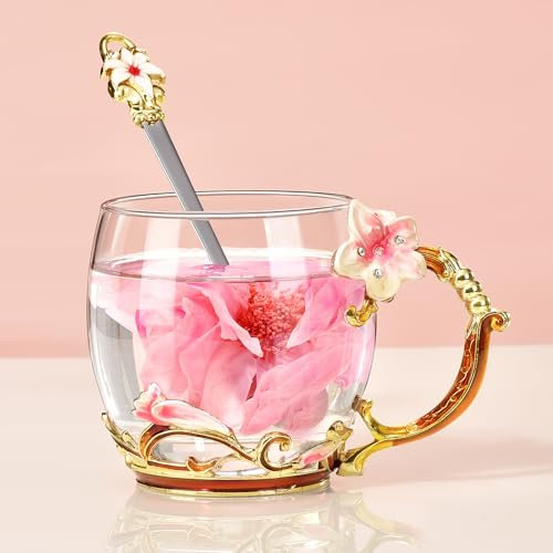 Wisolt Geschenke für Frauen, Geschenke für Mama, Geschenke für Frauen Weihnachten, Mutter Geschenk, Oma Geschenk, Geschenke für Freundin, Emaille Glas Blume Teetasse Kaffeebecher mit Löffel Set