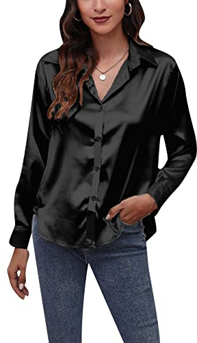 YMING Camisas De Raso para Mujer Blusa Casual De Seda De Manga Larga Blusa De Trabajo De Oficina Top Negro XL