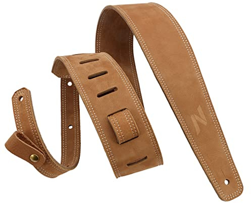 Nefelibata Gitarrengurt, 2,5 breite Gitarrengurte aus Vollnarbenleder mit Schaumstoffpolsterung und Kabelaufbewahrungsschlaufe, für Akustik-, Bass- und E-Gitarren - Khaki