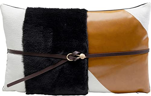 Kare Design Kissen Belt, Weiß/Orange/Schwarz, Abnehmbarer Bezug mit Reisverschluss, mit Füllung, Geometrisches Muster, Dekokissen, Zierkissen, Wohnaccessoire, Lederoptik, 50x30 cm (H/B)