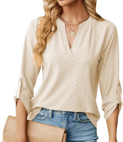 Chemisier élégant à Col en V pour Femme Chic Chemisier Ample à Manches Enroulables à 3/4 Manches Longues Lâches Hauts Tuniques de Base T-Shirt Blouses(S-XXL)