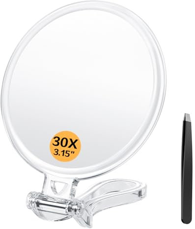 Auxmir Specchio Ingranditore Bifacciale 1X/30X, Specchio Trucco con Manico, Specchio Portatile da Viaggio, Pieghevole, Compatto, Appendibile, Specchio a Mano per Trucco, Cura del Viso