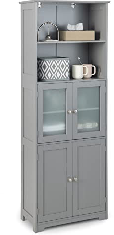 GIANTEX Badschrank, Badezimmerschrank mit Glastüren, Badkommode Aufbewahrungsschrank mit 2 offenen Fächern & Verstellbaren Regalen, Mehrzweckschrank Sideboard Küchenschrank (Grau)