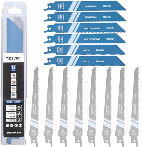 TIDEVAN Accesorios de Sierra de Sable,Juego de 14 Hojas de Sierra de Sable 150mm Juego de Hojas de Sierra con Caja de Almacenamiento para Corte Metal Metal Delgado Plástico Madera y Madera con Clavos