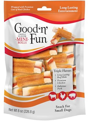 Good 'n' Fun Mini rouleaux à triple saveur, 236,8 g, offrez à votre petit chien des friandises à mâcher durables en cuir brut