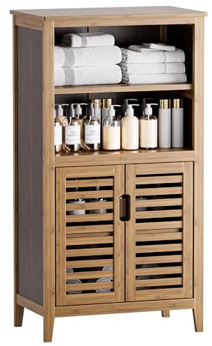 HITNET Meuble de Rangement pour Salle de Bain et Cuisine, Sur Pied avec Portes et 2 Étagères Amovibles, Latéral en Bambou, Noyer