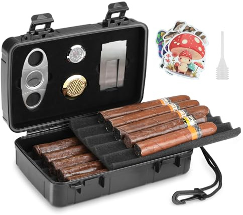 Kirgizst – resecirväska rymmer 10 cigaretter, bärbar cigarrluftfuktare inkluderar cigarrskärare, luftfuktare, hygrometer – set med cigarrtillbehör för män (svart)