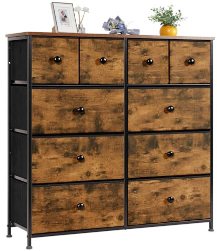 LYNCOHOME Kommode mit Schubladen aus Stoff, Sideboard mit 10 Stoffschubladen, Schubladenschrank Ordnungsmöbel für Küche Büro Flur, TV Schrank mit Schubladen