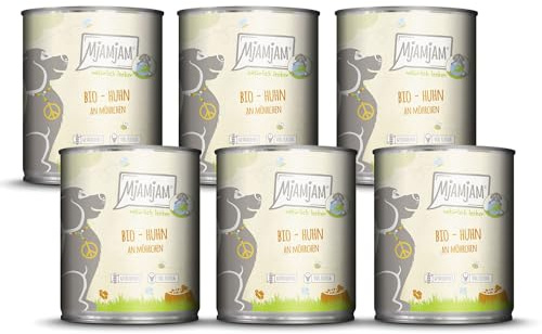 MjAMjAM - Nourriture humide premium pour chiens - naturellement délicieuse - BIO poulet aux carottes,paquet de 6 (6 x 800g), sans céréales avec extra viande