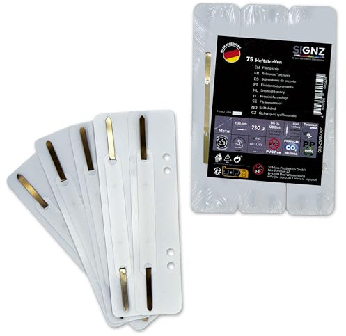 SIGNZ Heftstreifen Kunststoff (PP), 75 Stück, 25 x 3 Farben, recycelbarer Kunststoff (PP), CO2-neutral hergestellt, made in Germany (75 Stück, weiß, weiß, weiß)