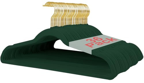 Wellong Kleiderbügel Samt, 45 cm rutschfeste Filz Bügel, Stabile Anzugbügel mit Schulterkerben, Platzsparende Kleiderbügel für Mäntel, Hosen, Silbe, 36 Stück – Dunkelgrün mit Goldene Haken