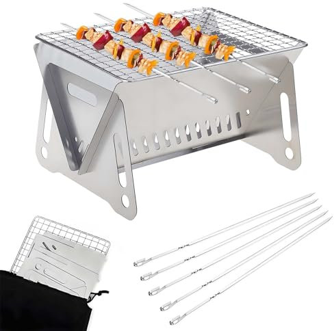 FZYCOM Barbacoa de Carbón Portátil con 5 Tenedores - Parrilla para Asador al Aire Libre, Mini Barbacoa para Jardín, Picnic y Camping