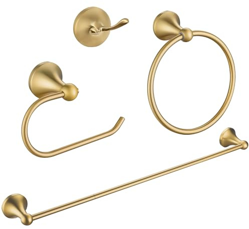 Brushed Gold Bathroom Hardware Set Wall Mounted Gold Accessories Set 4 Pieces Bathroom Hardware Set, 23.6 inch Towel Bar | Towel Hook | Toilet Paper Holder | Hand Towel Holder