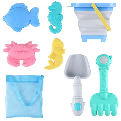 7 Stück Sandspielzeug Set Kinder, Strandspielzeug Sand Spielzeug mit Faltbarer silikon Eimer Schaufel Sandharke Sandförmchen Für Kinder Jungen Mädchen