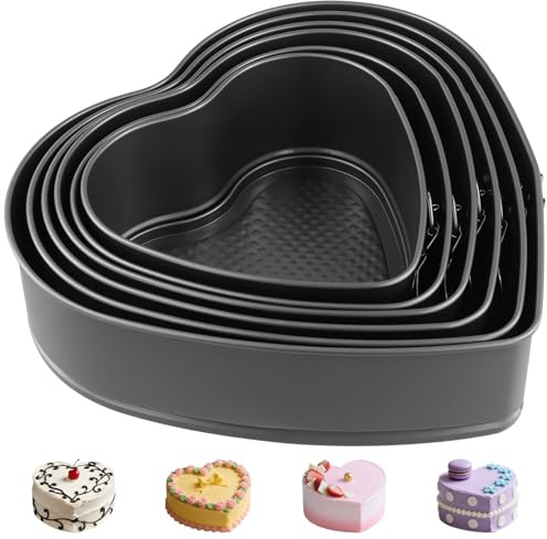 ZOENHOU Herzbackform 6er Set, 6 Größen, Schwarzer Kohlenstoffstahl Springform Set Abnehmbarer Flachboden, Antihaft, Kuchenform Herz für Familie, Geburtstag