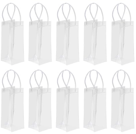 PATIKIL Ice Wine Bag, 10 Pcs Portable Collapsible Clear Wine Pouch Cooler Clear PVC Gift Bags with Handles for Champagne Party Outdoor Cold Beer Chilled Beverages, Transparent