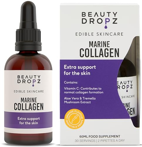 Beauty Dropz Marine Collagen Oral Skincare Drops – Youth-Boosting – Vitamin C – Hydration Support – Aloe Vera Extract – Tremella Mushroom Extract for Radiant Skin – Orange Flavour – 60ml