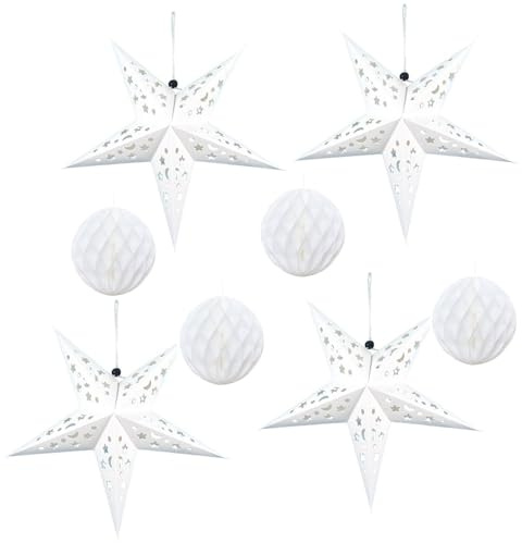 10 PCS Christmas Paper Stars Decorations, 30cm 5-Pointed Stars with 15cm Honeycomb Balls and 20cm Honeycomb Balls 2 Rolls String, Perfect for Party Wedding Birthday Baby Shower