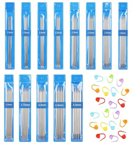 Set di 65 ferri da maglia a doppia punta, in acciaio inox, 1,5 mm – 5,0 mm, con 20 fibbie di marcatura, ferri da maglia corti dritti per maglieria, ferri da maglia, set di ferri per calze, sciarpe