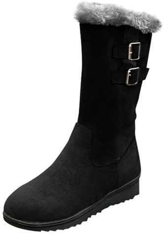 Snöstövlar dam päls halkfri stövel stövel med spänne rem boot rund tå sko enfärgad vinter varm stövel, plusstorlek, stövlar, dam, vinter, chic