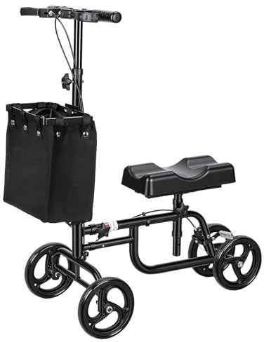 Steerable Knee Scooter for Adults, Adjustable Knee Walker with Rear Brake, Canvas Bag and Folding Handle, Crutches Alternative for Foot Injury, Ankle Surgery, Home, Clinic Use Black