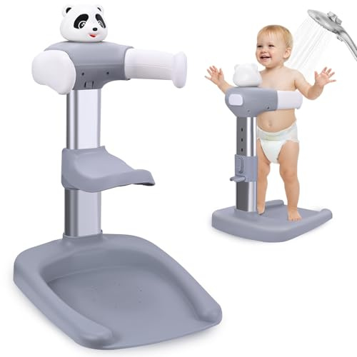 Support Baignoire Bébé, Douche Bebe avec Support Siège de Douche et Base Antidérapante, Support Bebe Douche Réglable pour Bebe, Tour de Baignoire Réglable de 8 à 36 Mois (Panda)