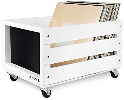 Navaris Caja para discos de vinilo - Mueble de madera con ruedas porta vinilos - Estilo vintage con pizarra para anotar - Soporte de almacenaje blanco