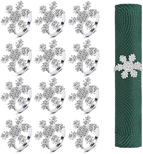 KAHEIGN 12Pcs Weihnachten Servietten-Ringe Serviettenhalter Set, Silbern Schneeflocken Serviettenhalter für Weihnachten, Weihnachtsservietten-Ringe Halter für Party Tisch Dekoration Zubehör